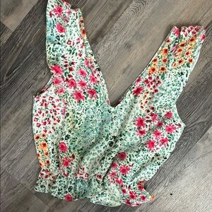 Floral V-Neck Ruffled Waist Tank Top - Mint & Pink